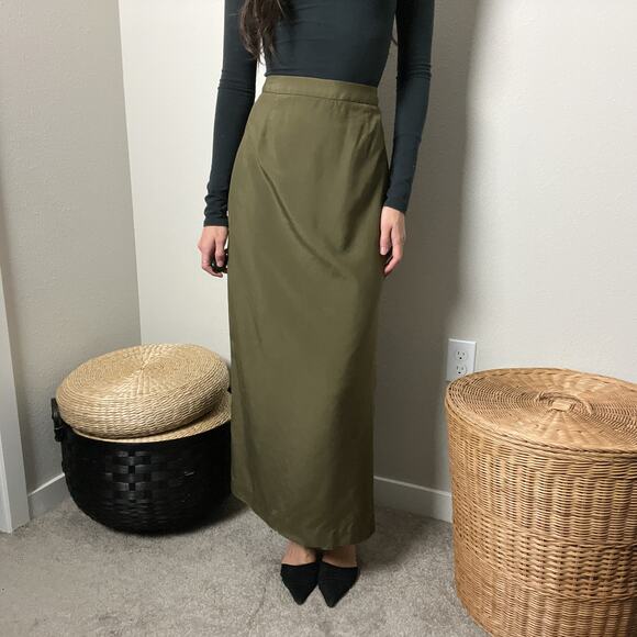 90s vintage olive green silk minimalist high waisted slit maxi pencil skirt - Picture 1 of 6